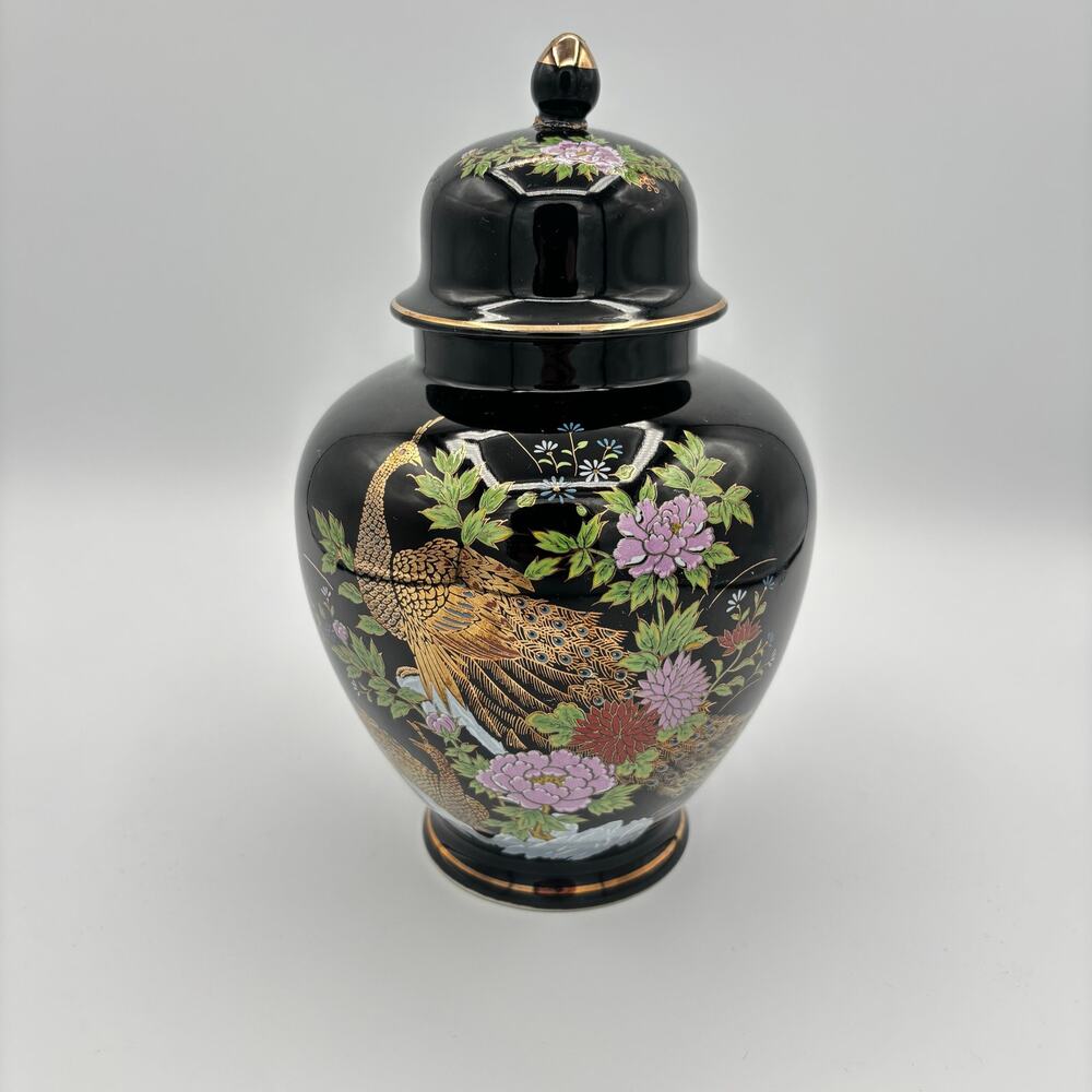 VTG Japanese Interpur Cobalt Black & Gold Peacock Floral Ginger Jar Urn 8" Tall